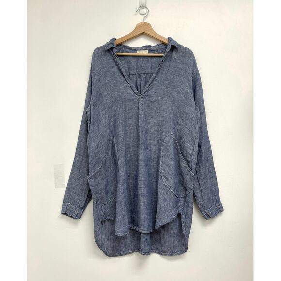 CP Shades Teton Linen Tunic Chambray V-Neck Pockets Lightweight Lagenlook Small - Picture 1 of 14